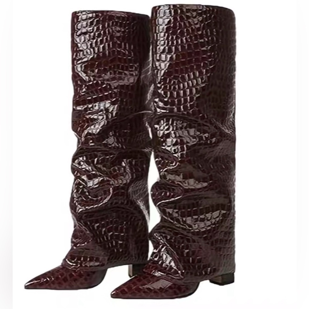 Elegant Burgundy Croc-Embossed Knee-High Boots